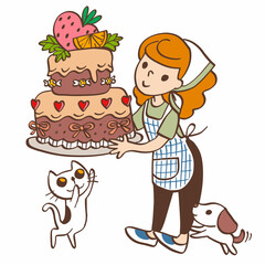 Girl standing holding cake vector graphic illustration