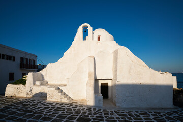 Greek Orthodox Church of Panagia Paraportiani in town of Chora on Mykonos island