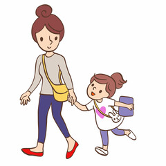 Mother daughter walking hand in hand vector graphic illustration