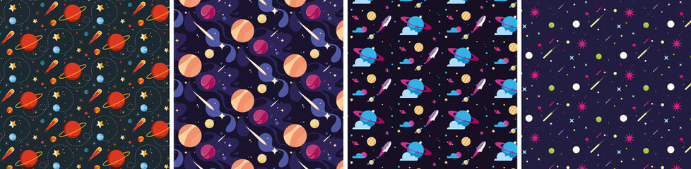 Set of space seamless patterns. Textures with cosmic objects in flat style.
