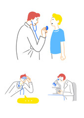 診察する医師　顕微鏡を見る医師　呟く医者