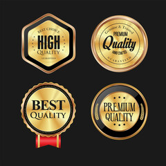 Collection of gold silver and bronze metallic badge and labels