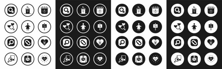 Set Calendar with 8 March, Female, gender, Feminist activist, Debate podium rostrum, Heart female and Male icon. Vector