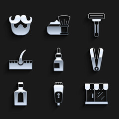 Set Oil bottle, Electric razor blade, Barbershop building, Curling iron for hair, Bottle of shampoo, Human follicle, Shaving and Mustache and beard icon. Vector