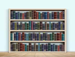 Vintage books on a wooden bookshelf indoors.