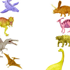 Dinosaurs border. Watercolor tyrannosaurus, Spinosaurus, Pteranodon, Ankylosaurus, Mosasaurus © Evgeniia