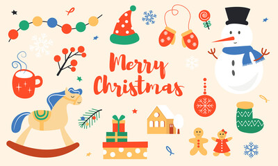 Set of cute Christmas illustrations. Beautiful background picture for design, stickers, packaging. Vector illustration.