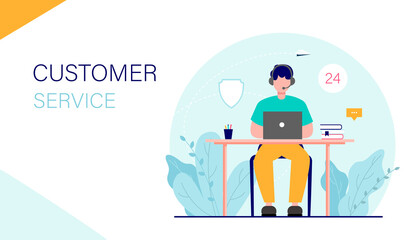 Landing page template. Online support, customer service, call center. Assistant sitting in front of laptop and answering customer questions vector illustration.