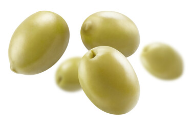 Flying olives, isolated on white background