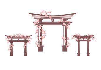 traditional japanese torii gate entrance to shinto shrine decorated with blooming cherry tree branches - spring season sakura hanami vector design set - obrazy, fototapety, plakaty