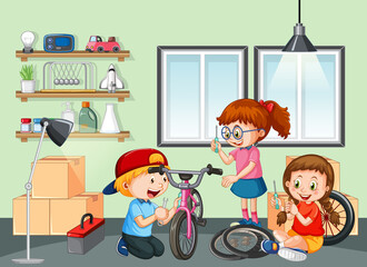Children fixing a bicycle together in the room scene