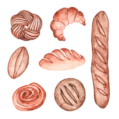 Watercolor set of bakery products isolated on white background. Bread collection. Rolls clipart. Baguette, croissant, loaf, snail.