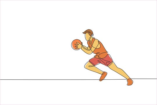 Single continuous line drawing of young healthy basketball male player running. Competitive sport concept. Trendy one line draw design vector illustration for basketball tournament promotion media