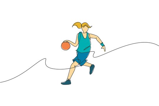 One continuous line drawing of young agile basketball woman player dribbling the ball. Teamwork competitive sport concept. Dynamic single line draw design vector illustration for tournament poster