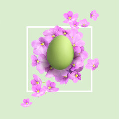 Easter greeting card with green colored egg and pink flowers on light green background