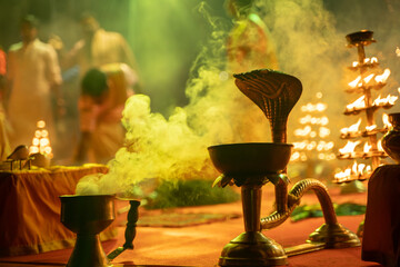 Ganga aarti ceremony rituals were performed by Hindu priests at Dashashwamedh Ghat and Assi Ghat in...
