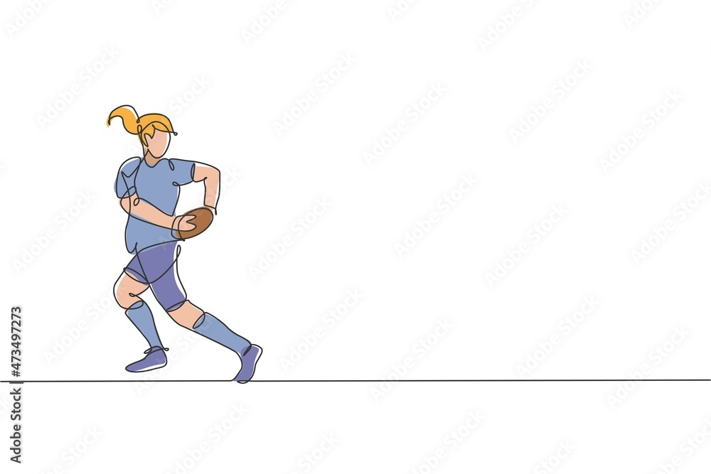 Poster one continuous line drawing of young rugby player catch the ball and avoid opponent. competitive agg