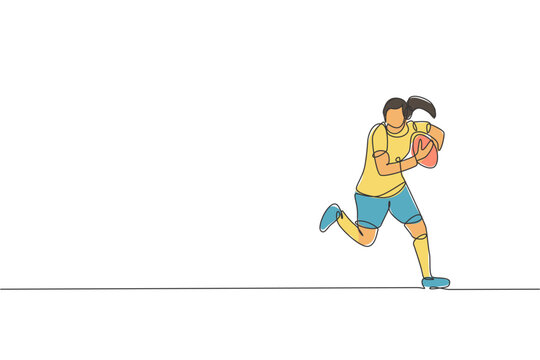 Single continuous line drawing young agile female rugby player holding the ball. Competitive sport concept. Trendy one line draw graphic design vector illustration for rugby tournament promotion media