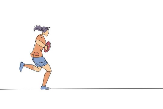 Single continuous line drawing of young agile rugby player running and holding the ball. Competitive sport concept. Trendy one line draw design vector illustration for rugby tournament promotion media