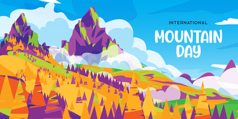 International Mountain Day Vector banner. Illustration for greeting card, poster and social media. December 11. Colorful landscape. Modern neon color