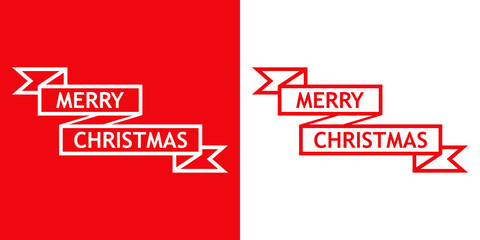 Banner con texto Merry Christmas en cinta con líneas en fondo rojo y fondo blanco para su uso en invitaciones y tarjetas de felicitación