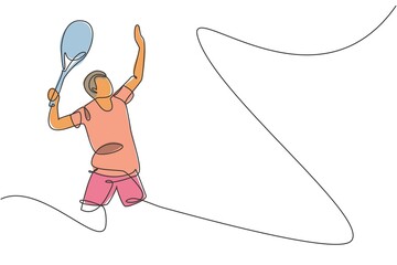 Obraz premium Single continuous line drawing of young agile tennis player ready to service the ball. Sport exercise concept. Trendy one line draw design vector illustration for tennis tournament promotion media