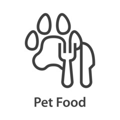 Logotipo con texto Pet Food con zarpa de gato o perro con tenedor y cuchillo con líneas en color gris