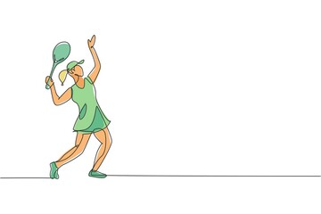 One single line drawing of young energetic woman tennis player ready to hit service ball vector illustration. Sport training concept. Modern continuous line draw design for tennis tournament banner