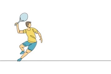 Fototapeta premium Single continuous line drawing of young agile man tennis player wait to hit opponent ball. Sport exercise concept. Trendy one line draw design vector illustration for tennis tournament promotion media