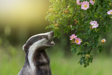 European badger with open mouth is sniffing flowering wild rose. Horizontally.  © frank11