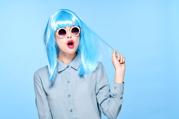 emotional woman in black wig shirt fashion posing