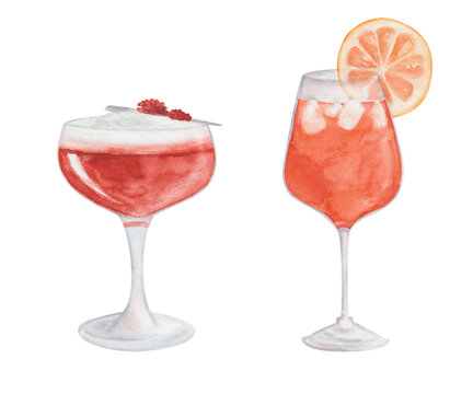 Watercolor hand painted orange, red cocktail in glass with slice fruit, cubical ice, raspberry, whipped cream. Isolated clip art aperol spritz for menu in restaurant, cafe. Alcohol beverage drink
