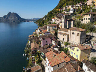 Fototapeta na wymiar Drone view at Gandria on lake of Lugano in Switzerland