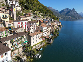 Fototapeta na wymiar Drone view at Gandria on lake of Lugano in Switzerland
