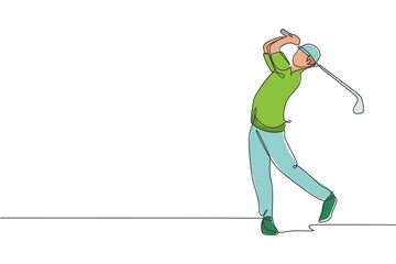 One single line drawing of young sporty golf player hit the ball using golf club graphic vector illustration. Healthy sport concept. Modern continuous line draw design for golf tournament poster