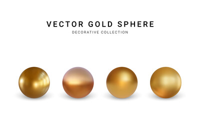 Set of gold sphere with shadow isolated on white background. Collection of oil bubble. Golden glossy 3d ball or precious pearl. Vector illustration