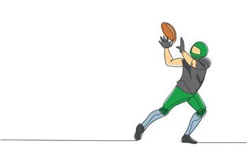 One continuous line drawing young american football player catch the ball from his teammate for competition poster. Sport teamwork concept. Dynamic single line draw design graphic vector illustration