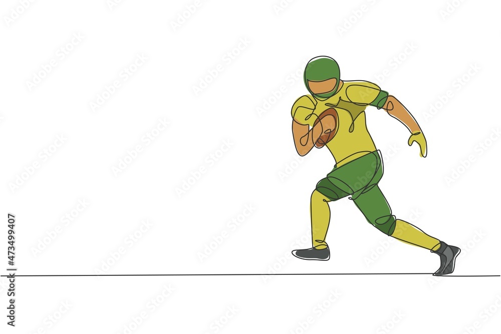 Poster single continuous line drawing of young agile man american football player run fast to avoid rival t