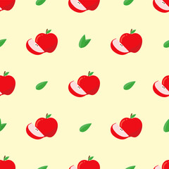 Red apples and leaves pattern on yellow background.