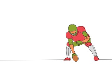 Fototapeta premium One single line drawing of energetic american football player stance to pass the ball for national league promotion. Sport competition concept. Modern continuous line draw design vector illustration