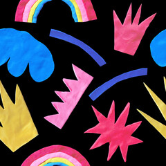 seamless pattern from real craft plasticine and clay.Children's crafts and figurines.3d rendering print of abstract shapes characters with clay texture.Funky and groovy vibrant hippie 70s, 80s style