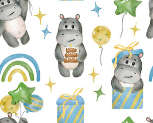 Hand drawn cute isolated baby boy holiday watercolor hippo animal seamless pattern. 
