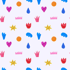 seamless pattern from real craft plasticine and clay.Children's crafts and figurines.3d rendering simple  print of abstract shapes with a clay texture.Funky and groovy stars, clouds, rainbow