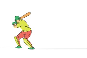 One single line drawing of young energetic man cricket player stance standing to practice hit ball vector illustration. Sport concept. Modern continuous line draw design for cricket competition banner
