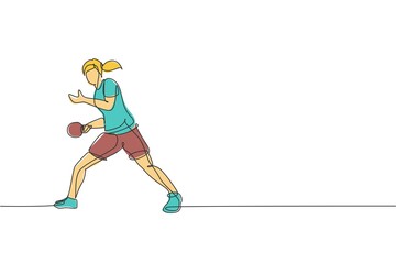Single continuous line drawing of young agile woman table tennis player serve the ball. Sport exercise concept. Trendy one line draw design vector illustration for ping pong tournament promotion media - obrazy, fototapety, plakaty