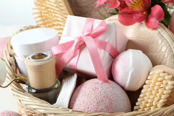 Concept of gift with basket of cosmetics, close up