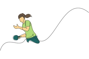 One continuous line drawing of young sporty woman table tennis player seriously take the serve. Competitive sport concept. Single line draw design vector illustration for ping pong championship poster