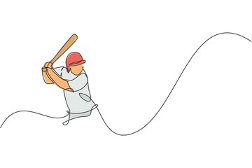 Single continuous line drawing of young agile man baseball player focus practice to hit the ball. Sport exercise concept. Trendy one line draw design vector illustration for baseball promotion media - obrazy, fototapety, plakaty
