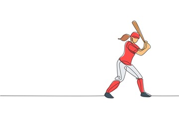 One single line drawing of young energetic woman baseball player practice to hit the ball vector illustration. Sport training concept. Modern continuous line draw design for baseball tournament banner