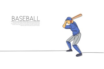 Obraz premium Single continuous line drawing young agile woman baseball player practice to hit the ball. Sport exercise concept. Trendy one line draw design graphic vector illustration for baseball promotion media